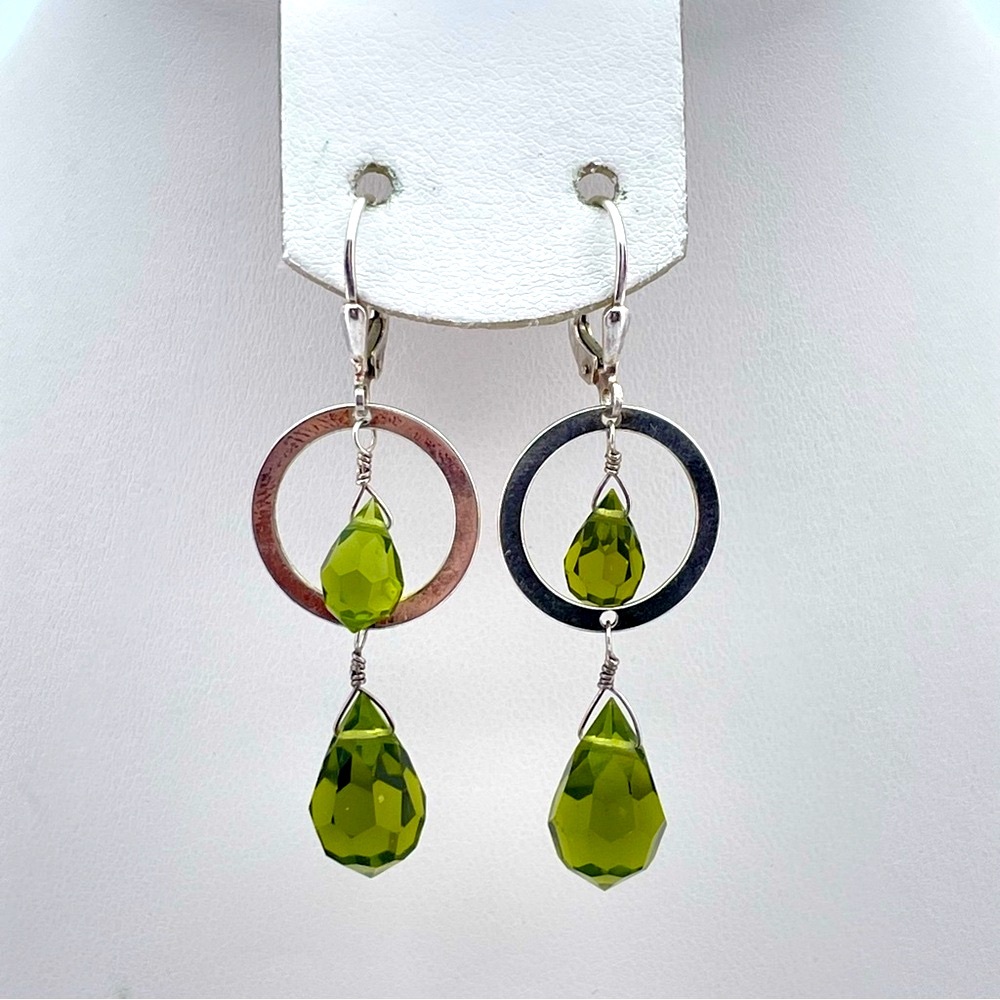 Elegant Sterling Silver Dangle Earrings w/ Olive Green Faceted Glass Drops